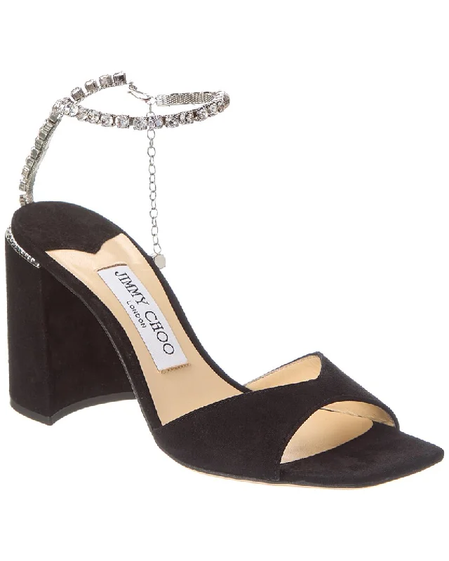 Women's mule - style stiletto heel pumps with a bow accentJimmy Choo Saeda Block Heel 85 Suede Sandal