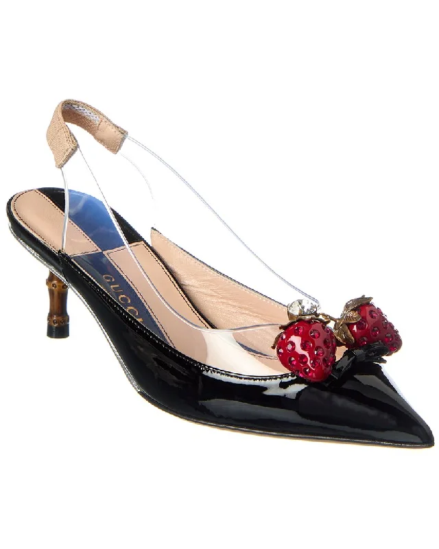 Women's prom stiletto heel pumps in a shimmery fabricGucci Vinyl & Patent Slingback Pump