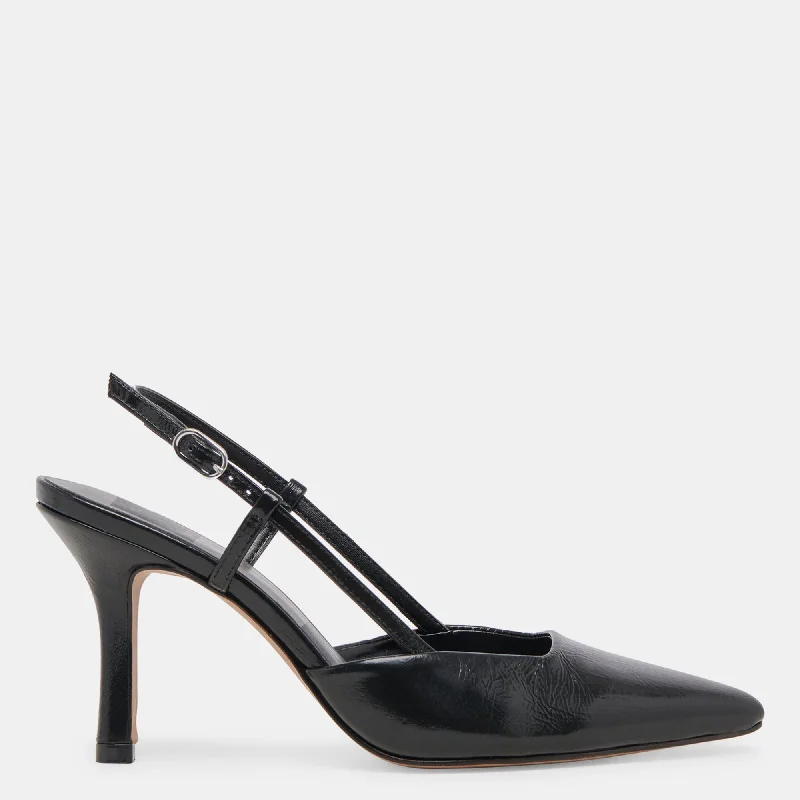 Women's mule - style stiletto heel pumps with a bow accentKim Heels Midnight Crinkle Patent