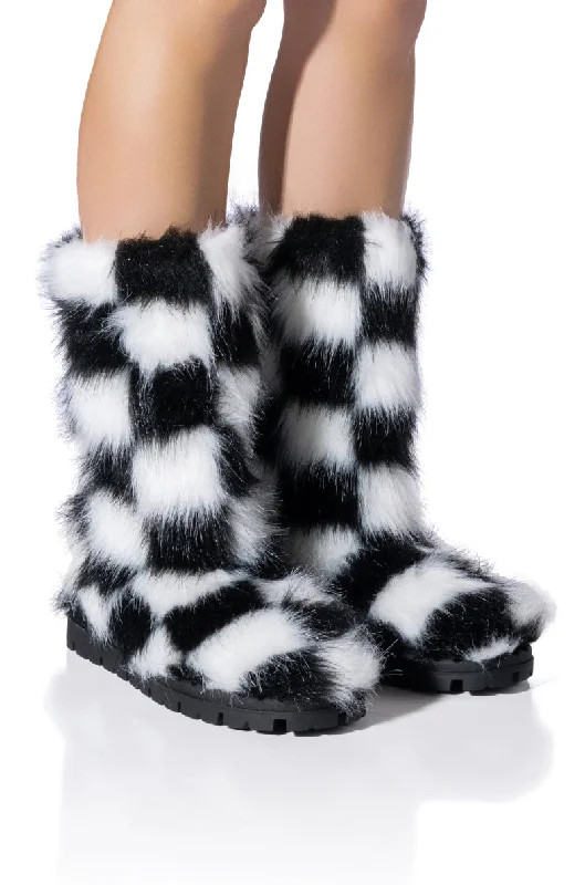 Women's Over - the - Knee Suede Boots in Taupe for a Stylish and Sophisticated OutfitAZALEA WANG ASPEN FURRY CHECKERBOARD BOOTIE IN BLACKWHITE