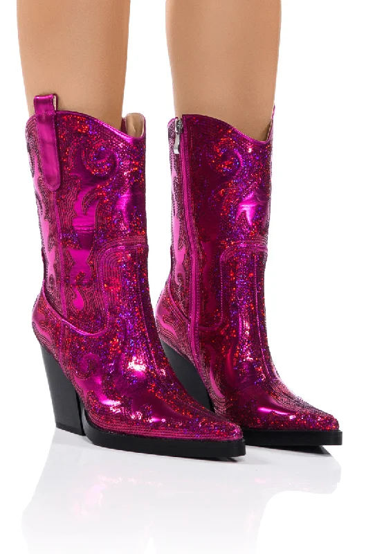 Plus Size Women's Block - Heeled Ankle Boots in Red for a Bold and Chic StatementAZALEA WANG MERRIL SEQUIN WESTERN BOOTIE IN FUCHSIA