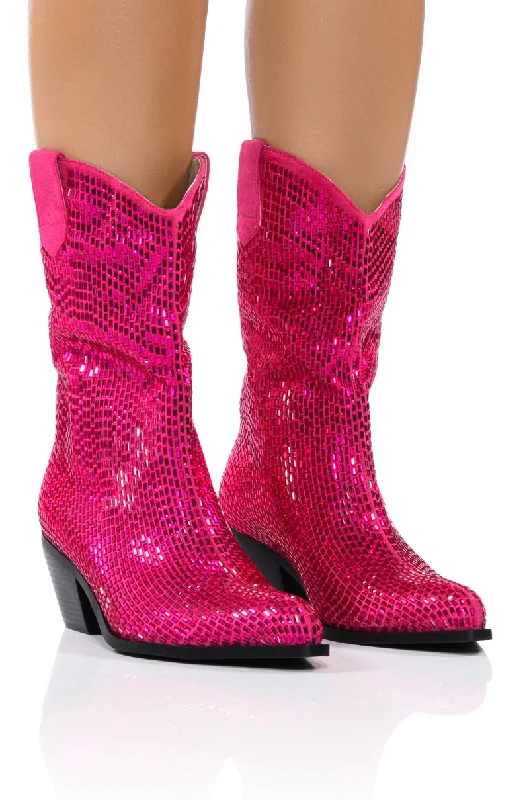 Women's Over - the - Knee Suede Boots in Taupe for a Stylish and Sophisticated OutfitAZALEA WANG WELLINGTON WESTERN EMBELLISHED BOOTIE IN FUCHSIA