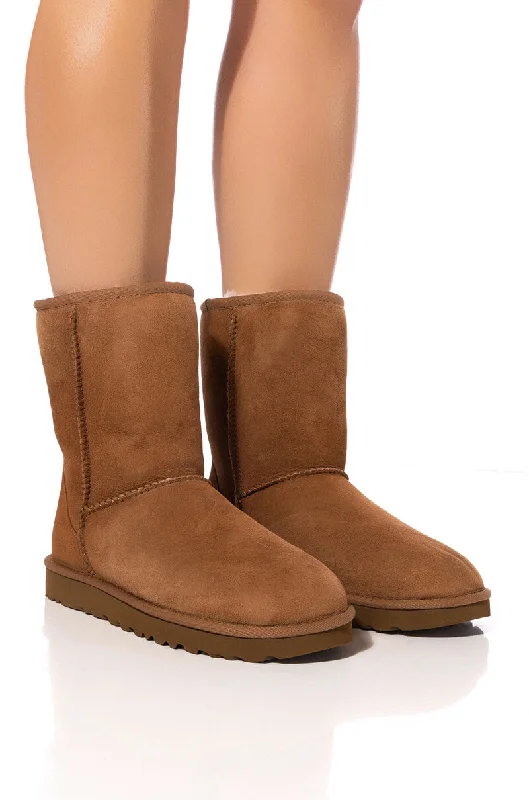 Women's Ankle Booties with Faux Leather and Furry Cuffs in Tan for a Cute and Warm StyleSEXY WEATHER FLAT