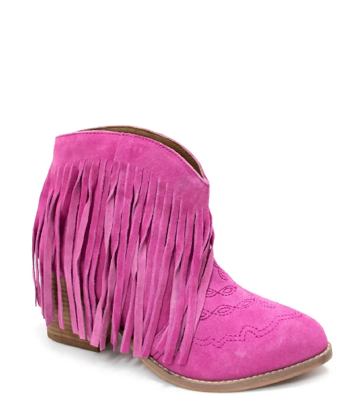 Women's Platform Chelsea Boots in Black for a Modern and Fashion - Forward AppearanceWomen's Amos Fringe Ankle Bootie In Magenta Suede