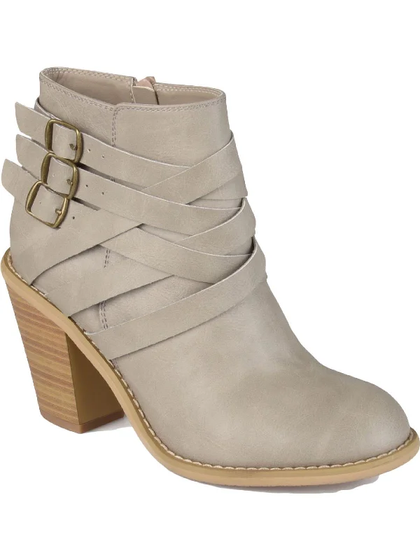 Women's Ankle Boots with Cut - Out Details in Beige for a Unique and Stylish EdgeWomens Faux Leather Block Heel Ankle Boots