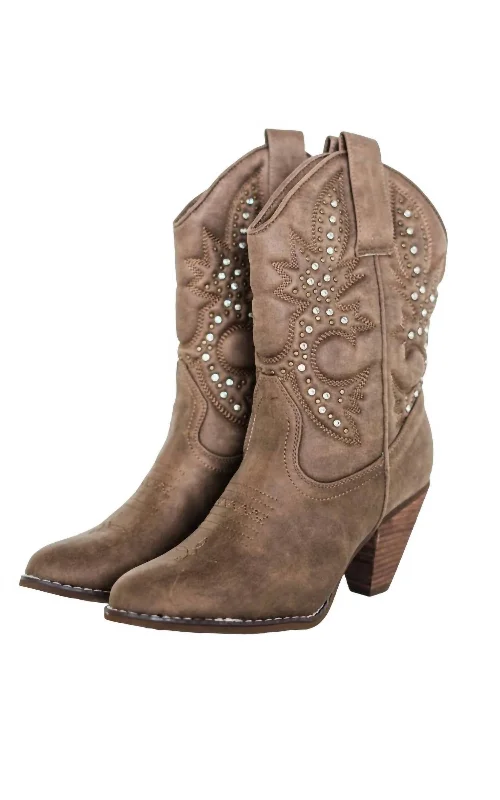 Women's Leather Motorcycle Boots in Dark Brown with Silver Hardware for a Cool Biker LookWomen's Houston Western Boots In Taupe